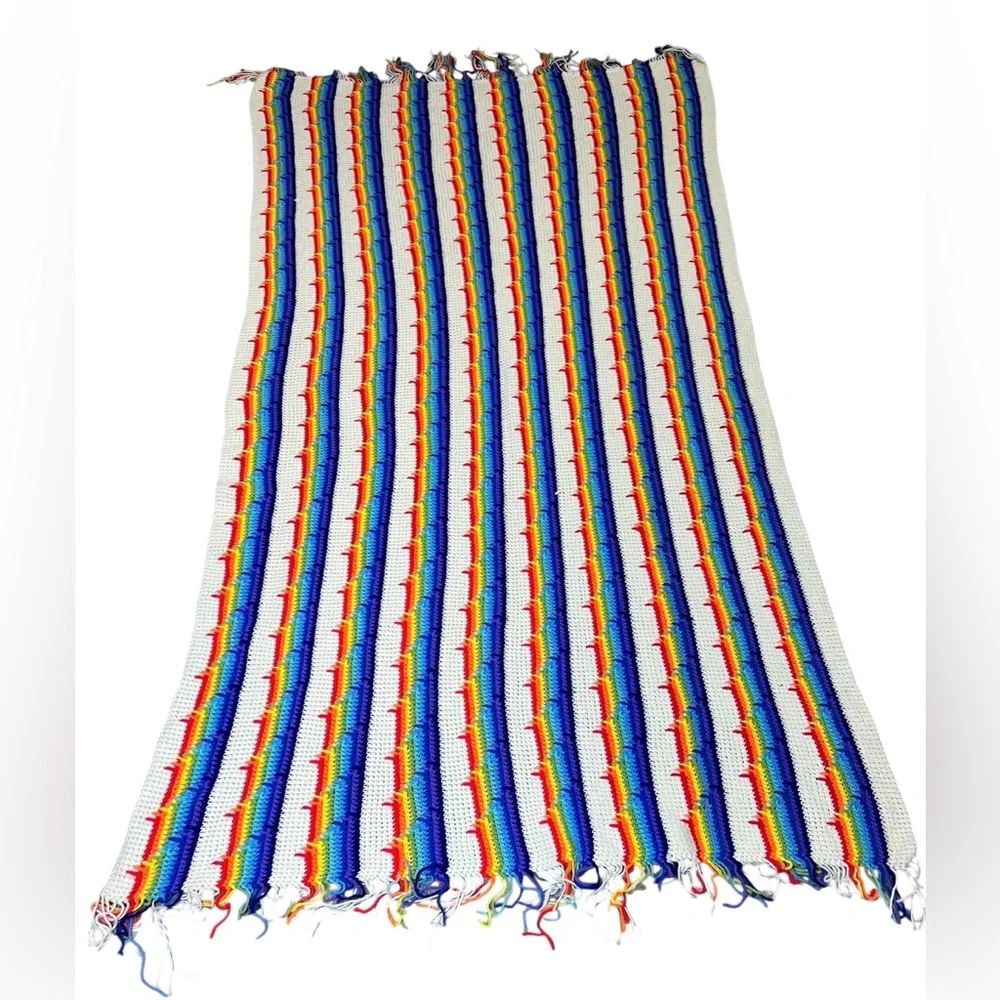 Handmade Crochet Afghan Blanket Rainbow Striped Pattern 84